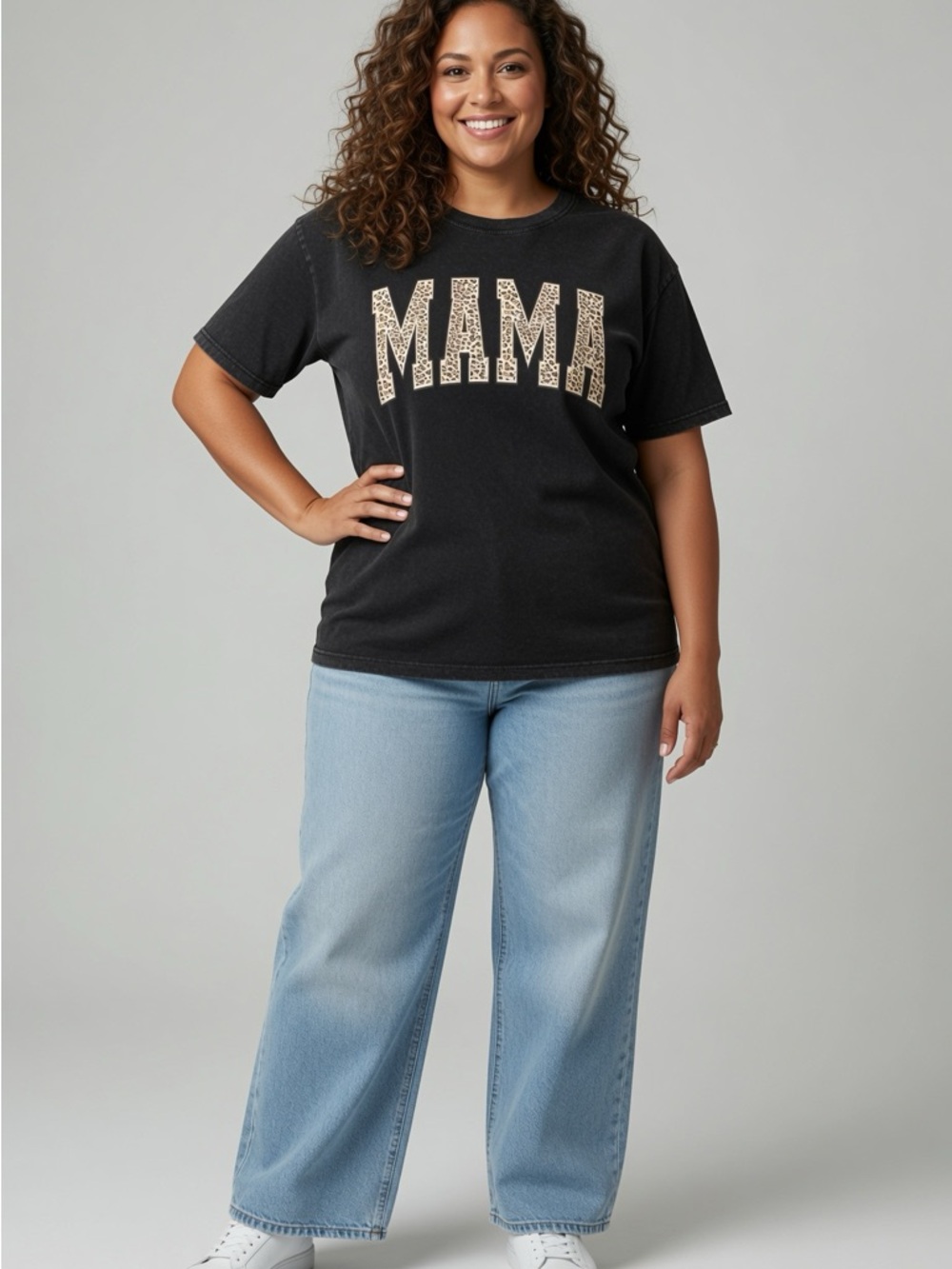 MAMA Graphic Tee - Black with Leopard Print Letters